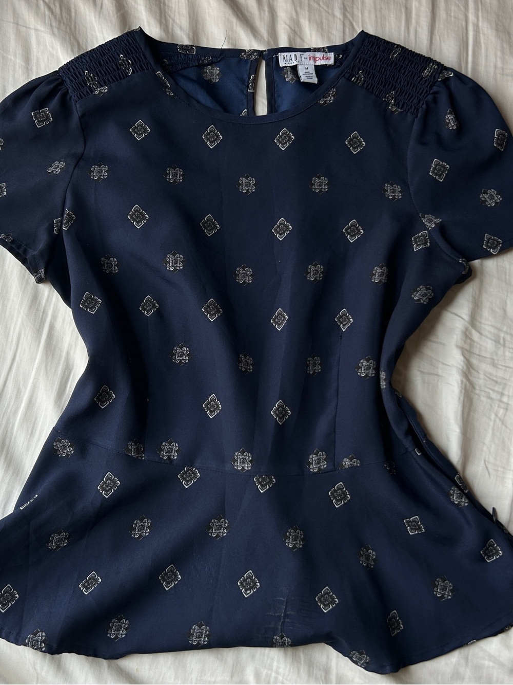 Pulse Navy Blue Short Sleeve Blouse with Silver Medallion Print